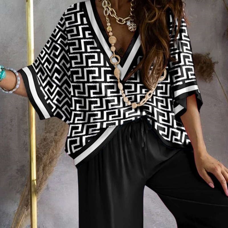 European and American Foreign Trade Cross-border New Women's 2022 Amazon Positioning Printed Bat Sleeve Top with Wide Leg Pants Set European and American Foreign Trade Cross-border New Women's 2022 Amazon Positioning Printed Bat Sleeve Top with Wide Leg Pants Set