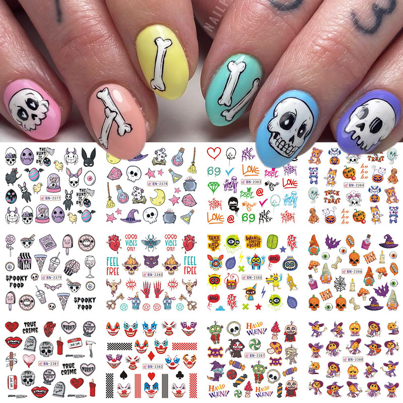2022 new nail stickers autumn and winter Maple Leaf Wansheng series funny skull bone little monster watermark nail stickers