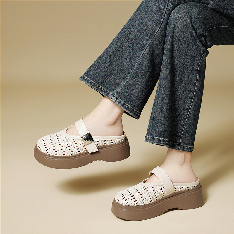 Sandal nữ quai chữ V đan rỗng, đế bánh mì dày mềm, mũi hở — 6147 Da đen, 6147 Màu be