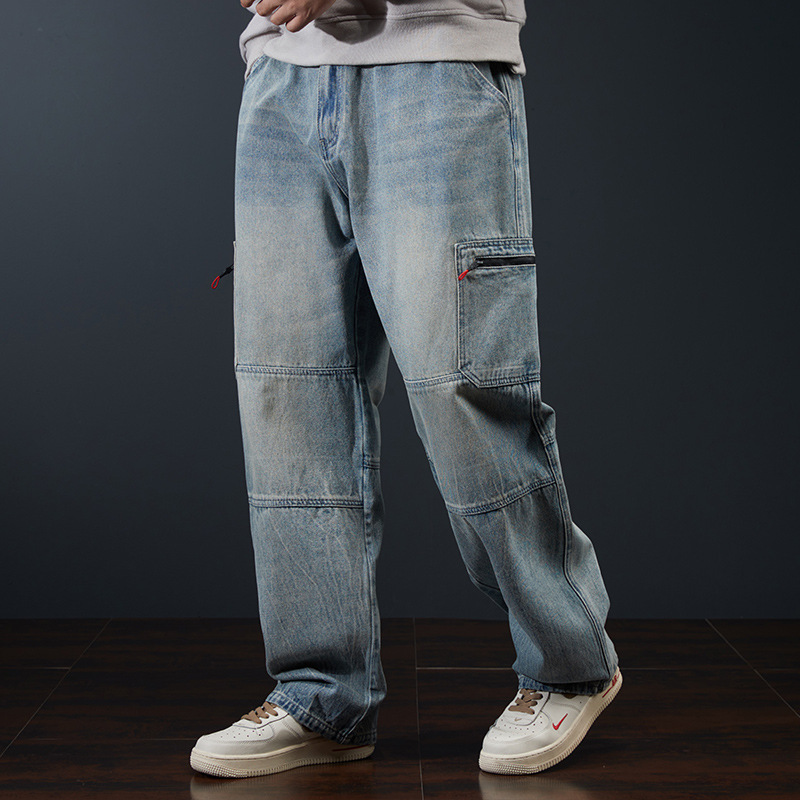 American Style Retro Multi-Pocket Tooling Jeans Men's 2022 Autumn New Loose Straight Fat Guy Wide Leg Long Pants