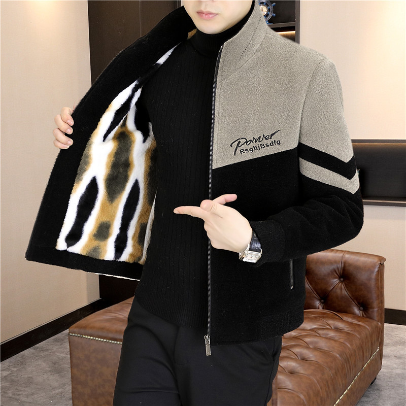 呢子外套男秋冬季加绒加厚短款毛呢大衣潮流立领休闲夹克拼接男装