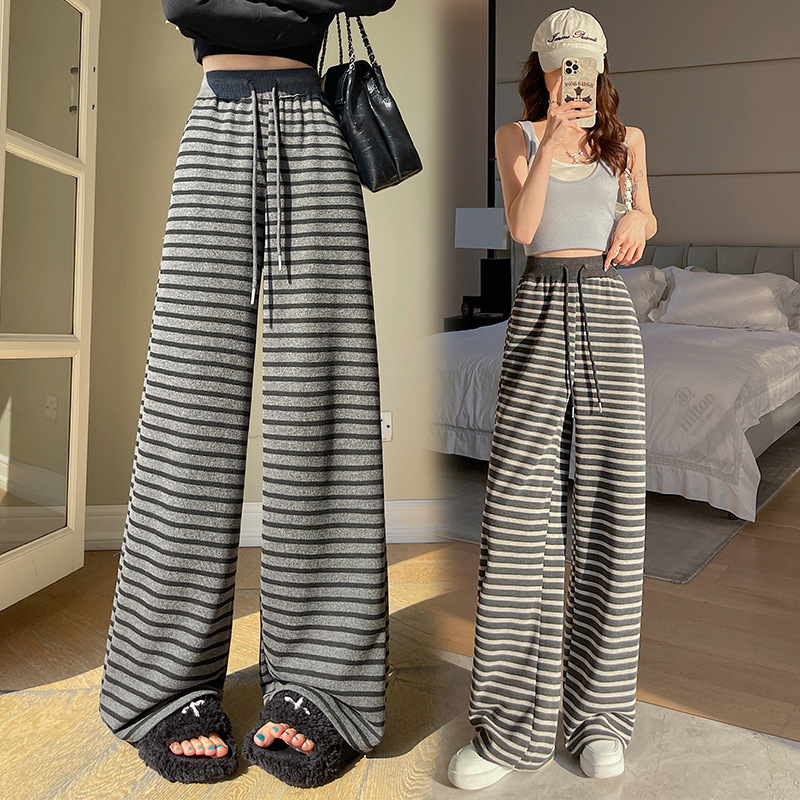 2025 primavera contraste color pierna ancha viento perezoso cintura elástica cordón pantalones casuales pantalones de rayas en blanco y negro de mujer pantalones de trapeador