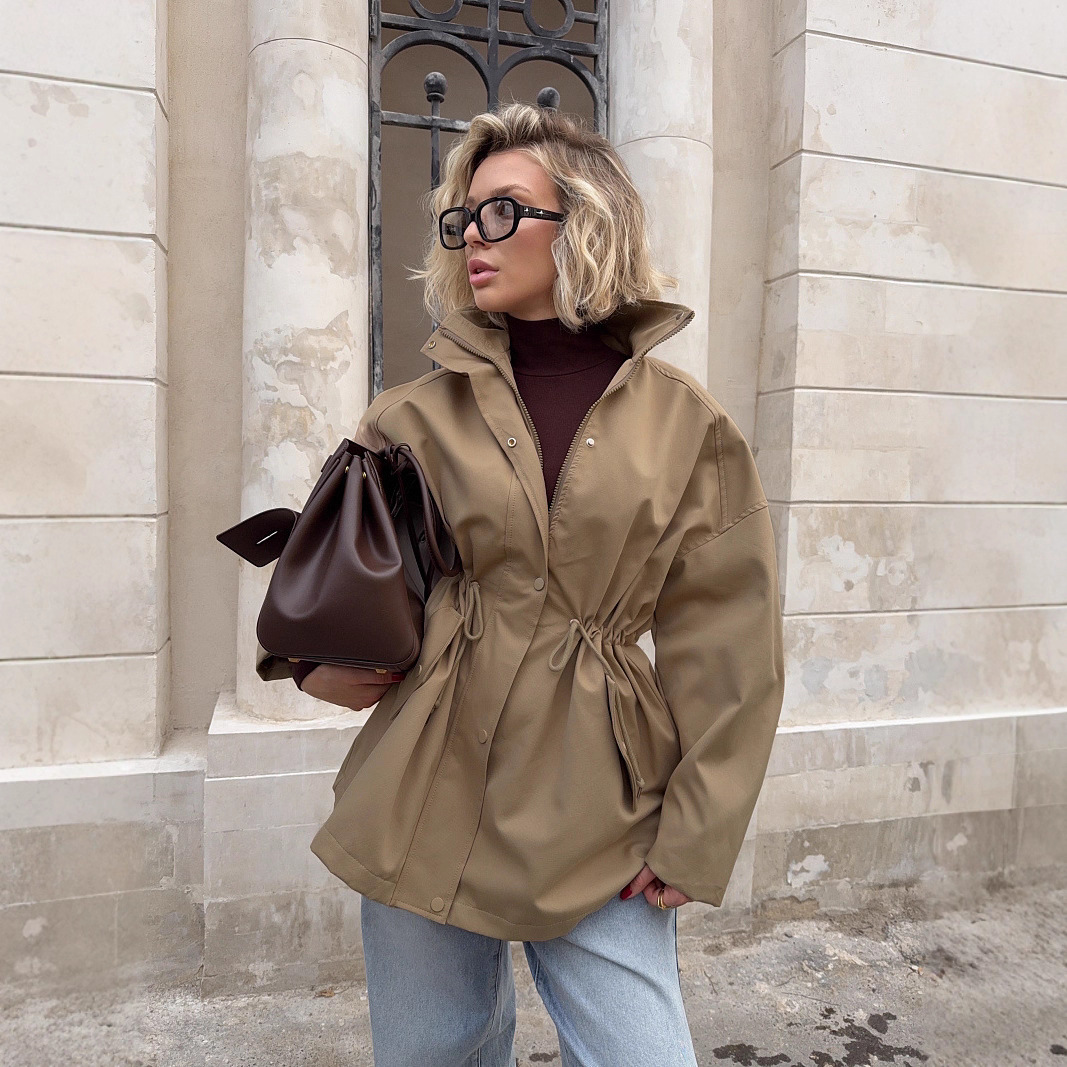 Cross-Border Stand-Up Collar Mid-Length Windbreaker 2025 Autumn and Winter New Drawstring Waist Jacket European and American Pure Cotton Windbreaker Jacket for Women