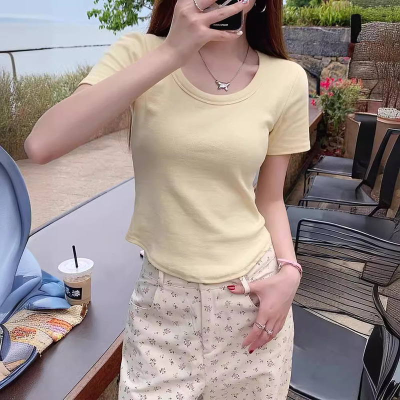 カボチャカラードーパミンウェアカーブヘムレディーススリム夏新作半袖Tシャツスリムショートトップイン|undefined