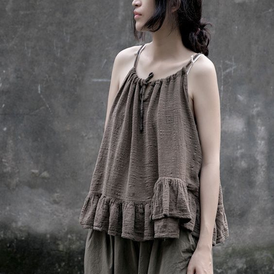 Shanqian nianyi summer new design cute age-reducing inside and outside drawstring vest lace-up cotton and linen ruffled sling