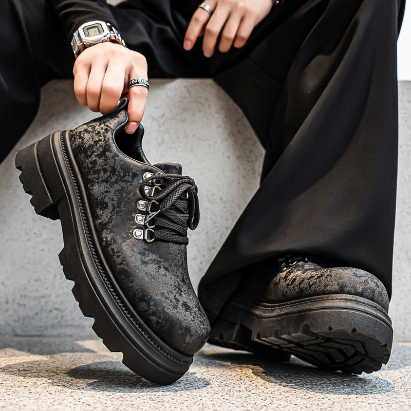 Men's Shoes Spring and Autumn Trendy Fashion Large-Toe Derby Shoes Men's New British Thick-Soled Height-Increasing Casual Leather Shoes Trendy Shoes