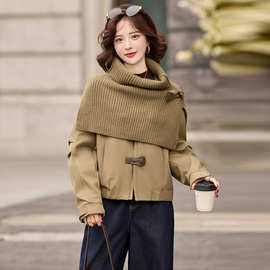 时尚设计感针织披肩短款棉服女2025秋冬新款保暖巨好看的夹棉外套