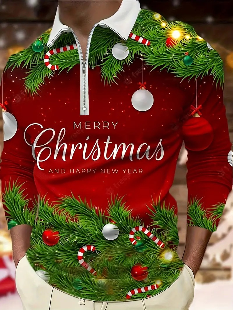 Moda Navidad serie 3D impresión digital hombre suelto transpirable solapa cremallera camisa POLO en stock