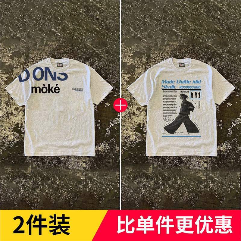 American-style personalized printed loose short-sleeve couple's backpack portrait print top, vintage letter short-sleeve T-shirt, versatile