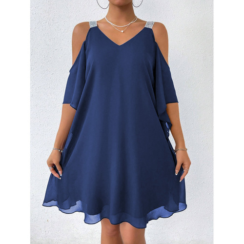 1688 Summer Women's Off-the-Shoulder Chiffon Solid Color V-Neck Elegant European and American Dress