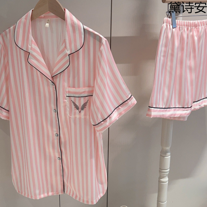 Daisian Striped Pink Pajamas for Women with Rhinestones, Short-Sleeve Shorts, Long Cardigan, Sweet Loungewear for Women in Spring