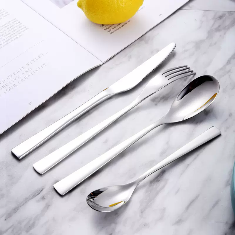 方柄304不锈钢刀叉勺套装西餐四件套装酒店餐刀甜品勺叉亮光餐具