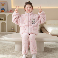 女童长袖拉链款法兰绒睡衣秋冬季保暖加厚儿童中大童家居服珊瑚绒