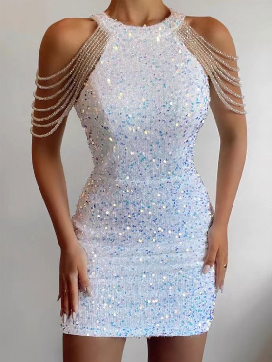 388g Weight Above Knee Dress Length Type Wholesale Women'S Sexy Sequins Patchwork Solid Color Banquet Halter Neck Sleeveless Party Dress