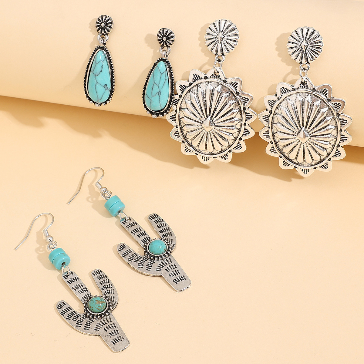 1 Set IG Style Retro Cactus Water Droplets Flower Plating Inlay Alloy Turquoise Drop Earrings display picture 2