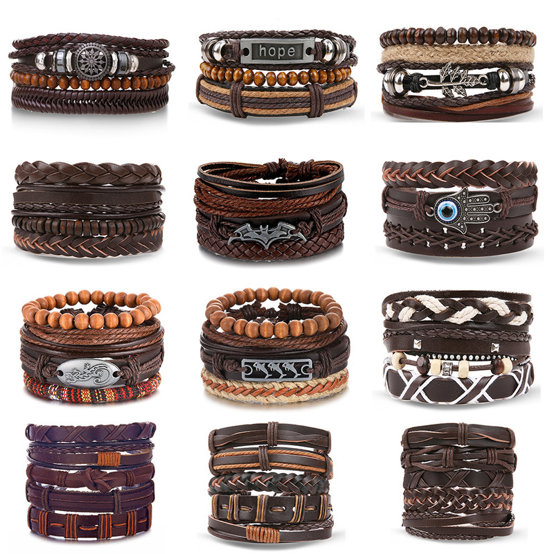 Vintage Batman rope woven handmade beads woven bracelet jewelry fashion multi-layer leather bracelet suit men