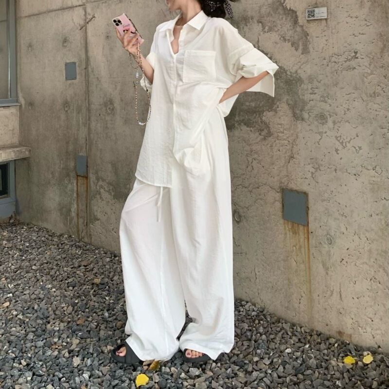 Lazy Style Lapel Shirt Top Loose Suit Women's Summer Fashion Casual Wide Leg Pants A4430