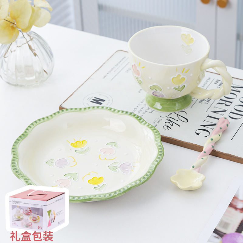 컬러 플라워 [아침 식사 컵 + 접시 + 스푼] 3 피스 기프트 박스