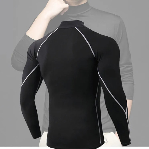 Crew neck men's athletic compression fitness top, long sleeve, high elasticity soccer basketball training suit, quick-drying base layer shirt