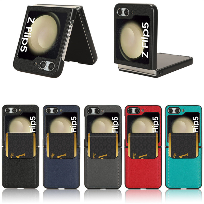 For Samsung Galaxy Z Flip 5 4 3 Phone Case Flip5 External Card Litchi Leather Hard Shell