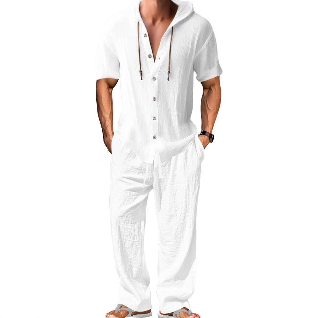 25 Traje de ocio deportivo de Amazon transfronterizo para hombres europeos y americanos Camisa de manga larga de algodón y lino con capucha Traje de pantalones sueltos