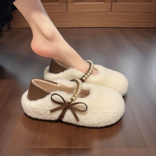 Fairy style, pearl and velvet flat-minocco shoes, women's autumn Korean style warm slip-on bow and fluffy cotton shoes