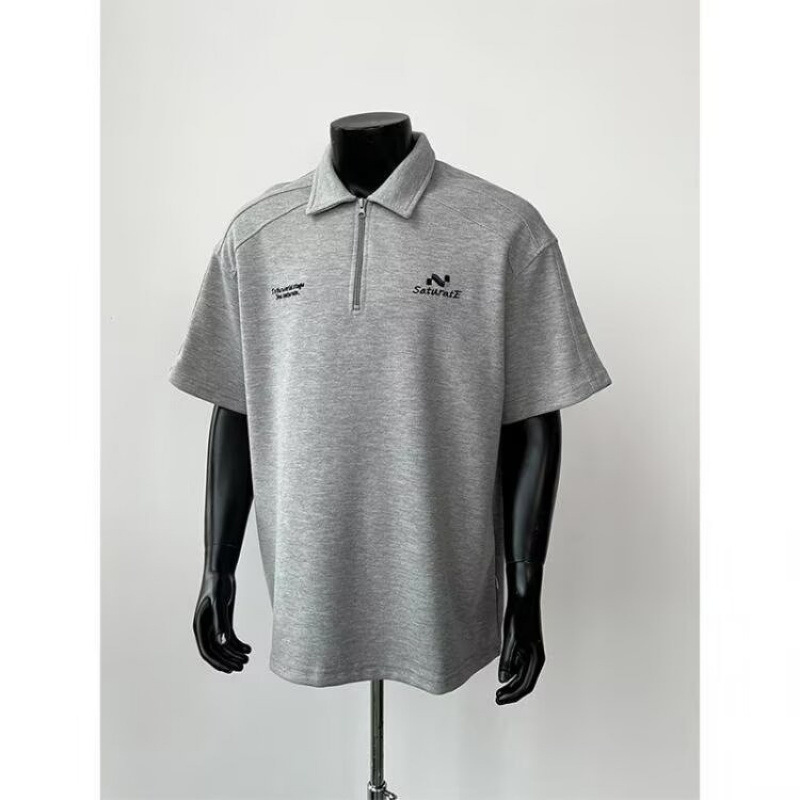 Gray Half-Zip Right Shoulder Short-Sleeved Polo Shirt Men's American Fashion Brand Heavy Splicing T-Shirt Casual Loose Half-Sleeved Gray Half-Zip Right Shoulder Short-Sleeved Polo Shirt Men's American Fashion Brand Heavy Splicing T-Shirt Casual Loose Half-Sleeved