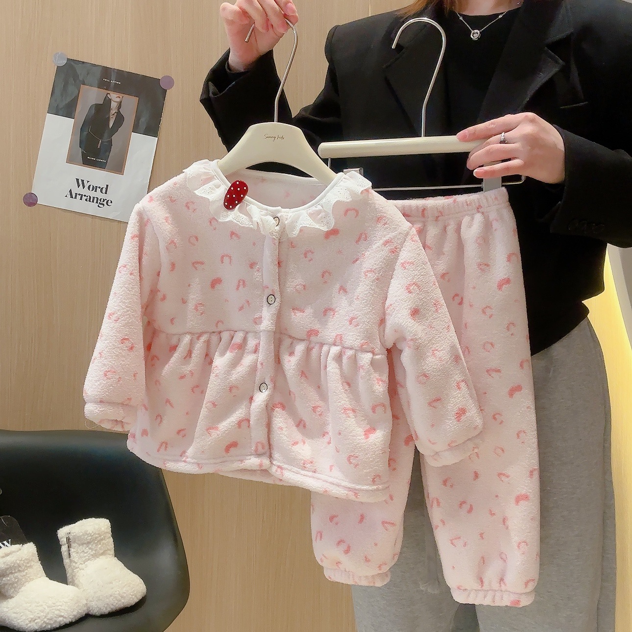 Ropa de hogar infantil otoño-invierno niñas coreana dulce lindos cardigans calentadores pijamas bebé encaje conjunto de ropa infantil image 5