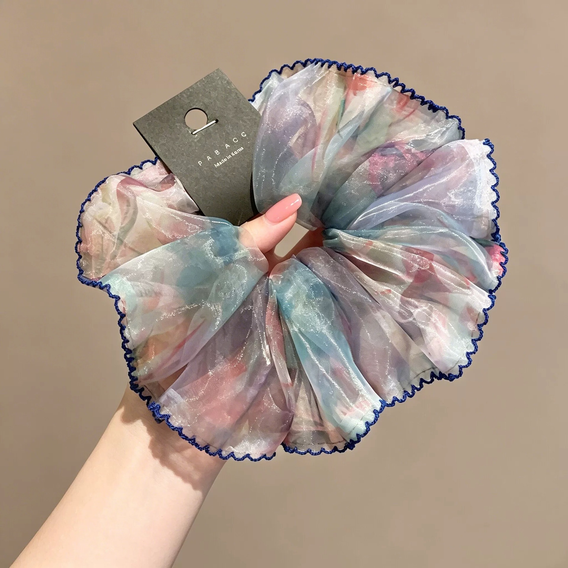 65# blue color mixed color mesh hemmed hair tie about 17cm