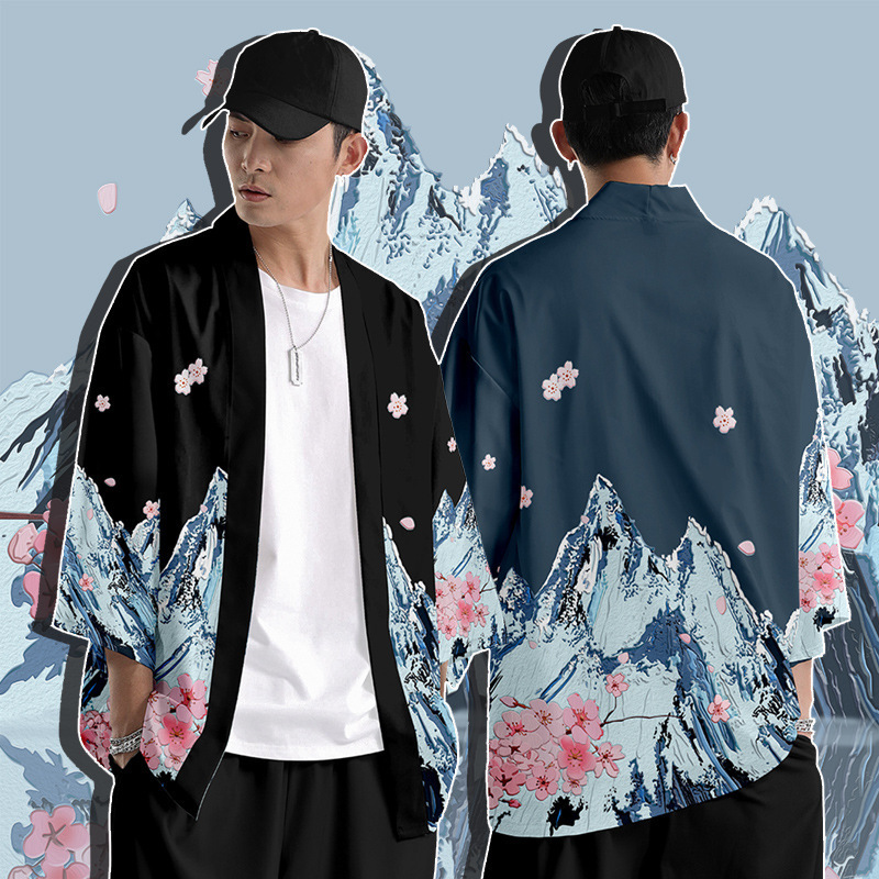 Wholesale Personality Cardigan Japanese Style Robe Elegant Fairy Snow Mountain Shirt Printed Trendy Guofeng Thin Jacket for Men and Women