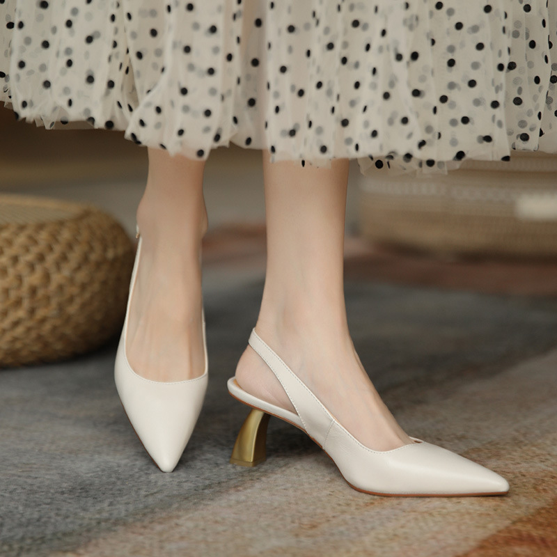 Huiyang French retro Baotou sandals women's medium heel soft leather stiletto high heels pointed toe summer new style_vogarts.com