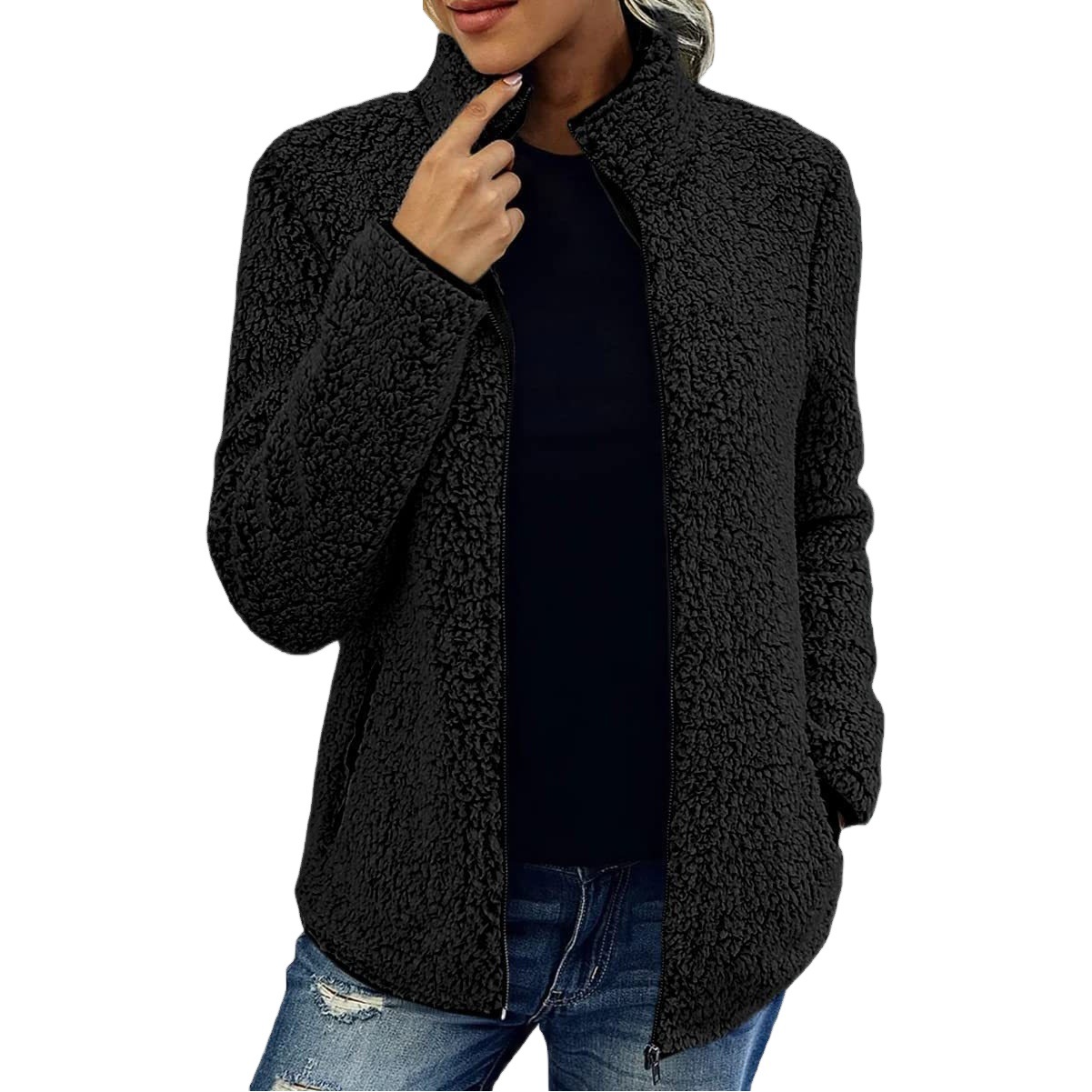 Cross-border 2022 Amazon collar del soporte de color sólido suéter superior de las mujeres de moda casual de manga larga cremallera burbuja abrigo de terciopelo