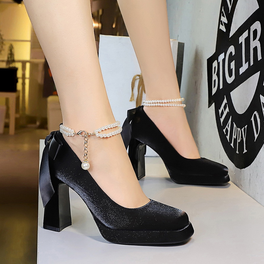 Satin Platform Stiletto Heels With Pearl Strap And Bow Detail_voghion.com