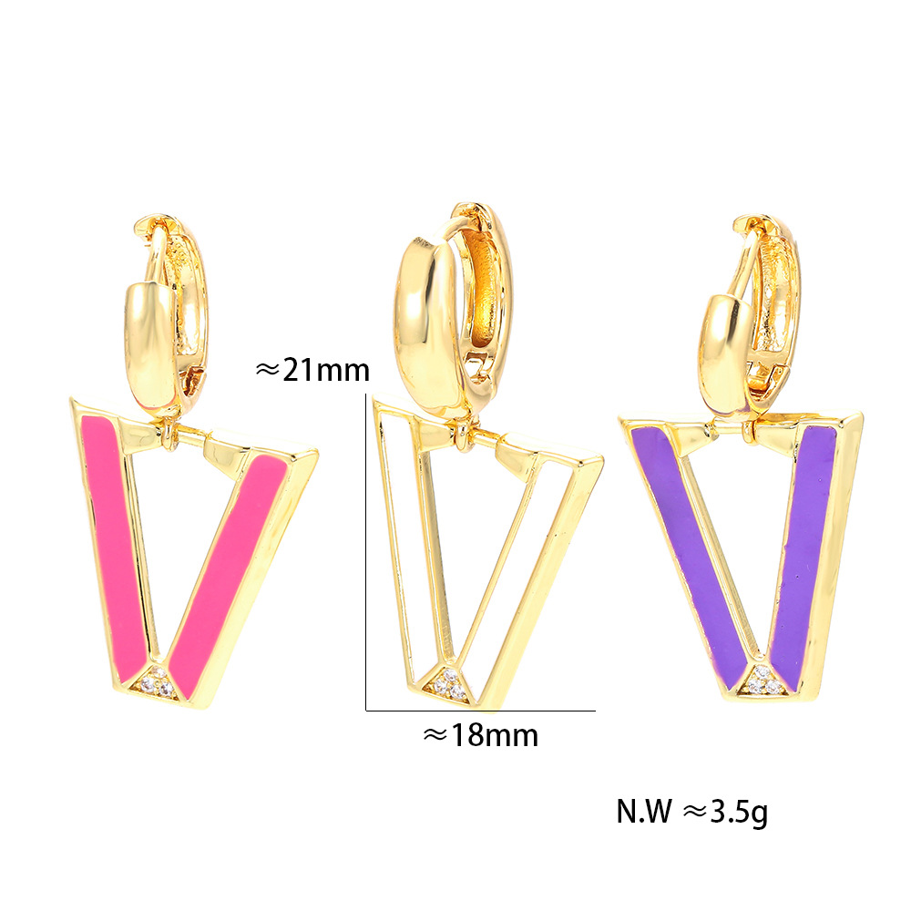 Zircon Inlay Material Retro V-shaped Inverted Triangle Fluorescent Copper Earrings Wholesale Nihaojewelry