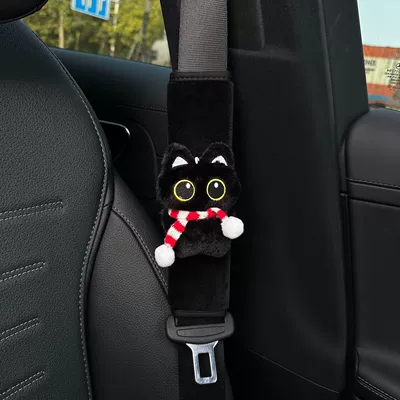 cute little black cat, car interior – Seat belt shoulder pad - black-cat-red-and-white-scarf