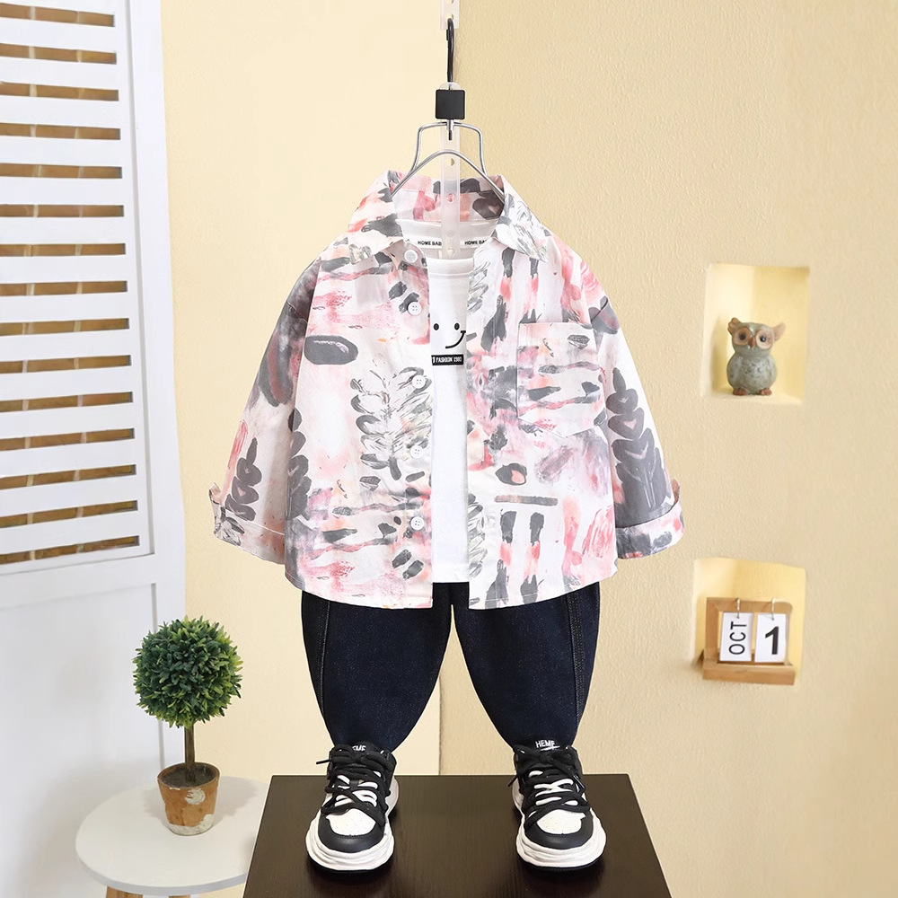 7749 Camisa estilo primavera y otoño de niños 2025 nueva camisa de flores de moda para niños ropa guapa de primavera para bebés