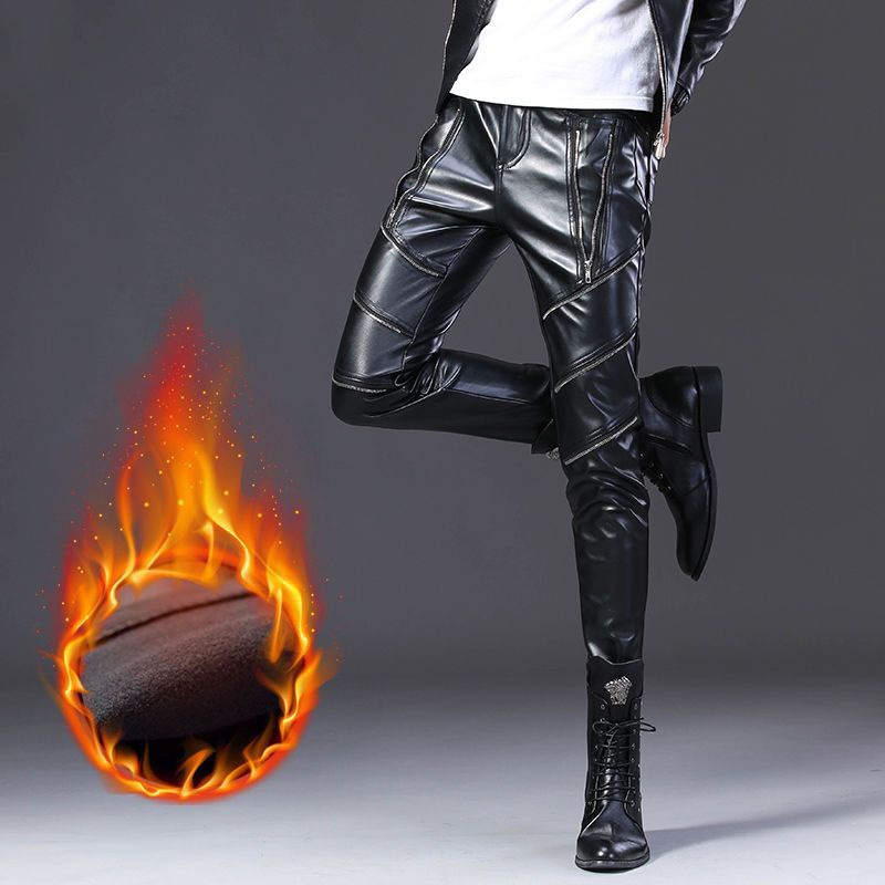 2022 Autumn and winter new pattern man Self cultivation Leather pants Metrosexual Nightclub locomotive motorcycle keep warm Plush Leather pants Tight fitting