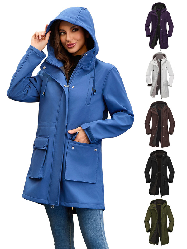 European and American Autumn and Winter Soft Shell Jacket Women's European Size Rainproof Hooded Women's Raincoat Outdoor Mountaineering Jacket Windbreaker Women