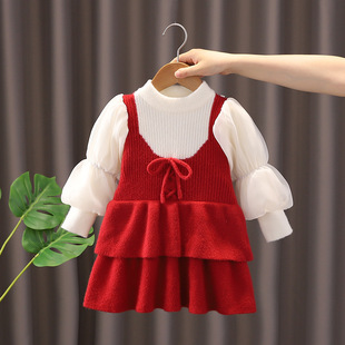 Girls Sweater Dress 2025 Autumn and Winter New Suspender Fake Two-Piece Dress Cake Skirt Gauze Sleeves