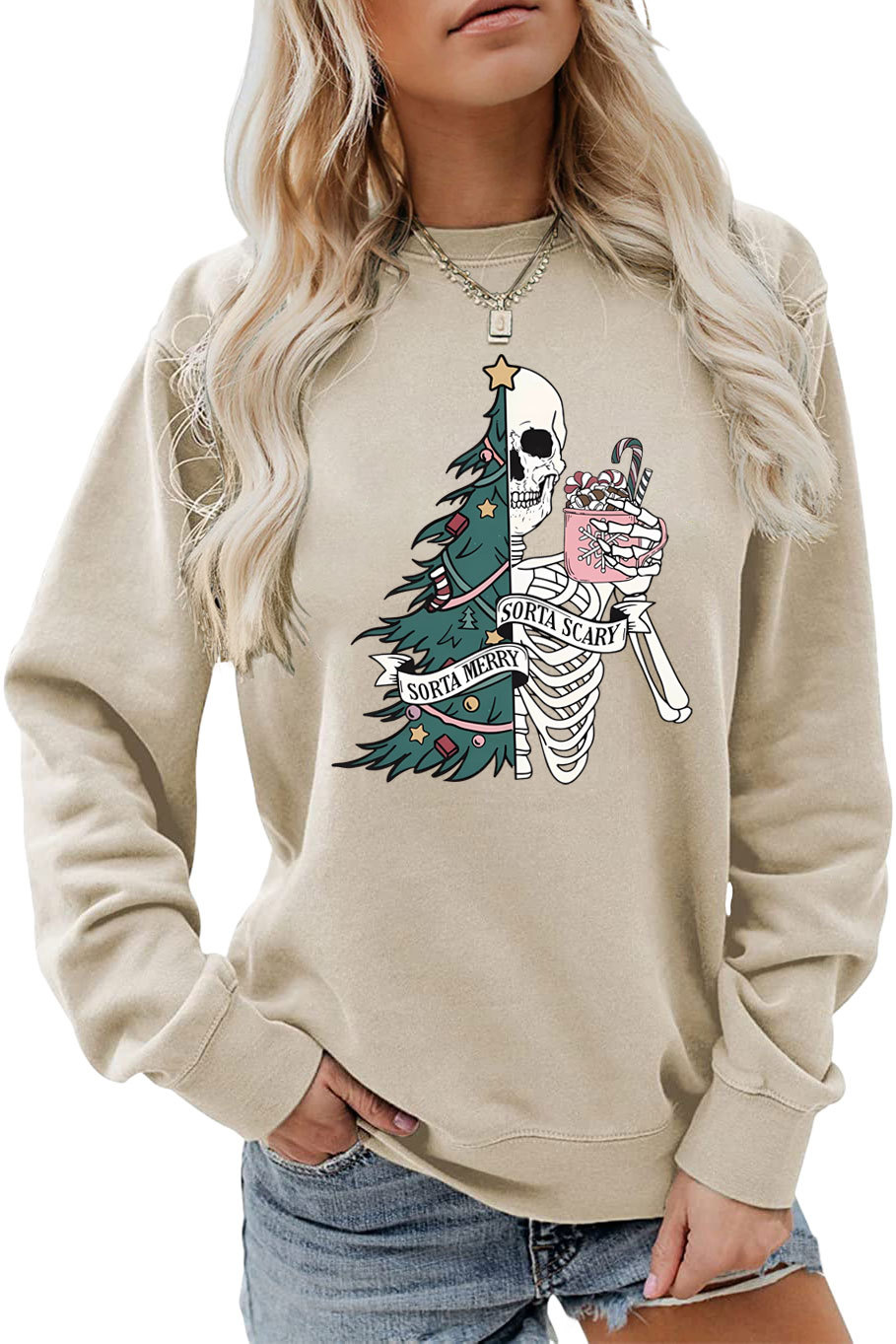 Women's Hoodies Long Sleeve Printing Christmas Christmas Tree Skeleton display picture 5
