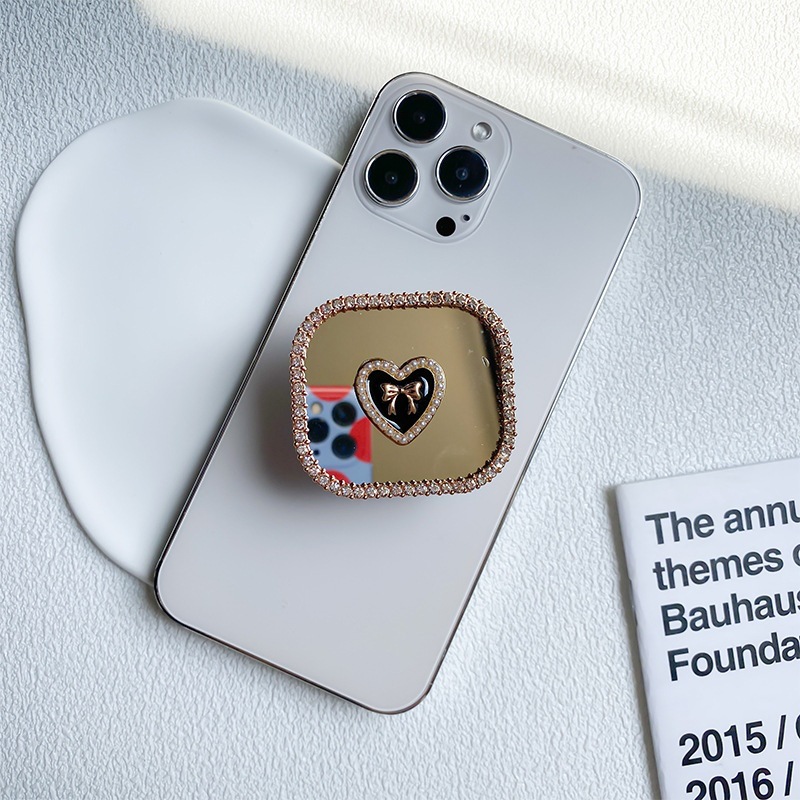 Mobile phone holder, mirror, back sticker, retractable airbag, love square rhinestone, Ins style, luxurious folding and_voghion.com