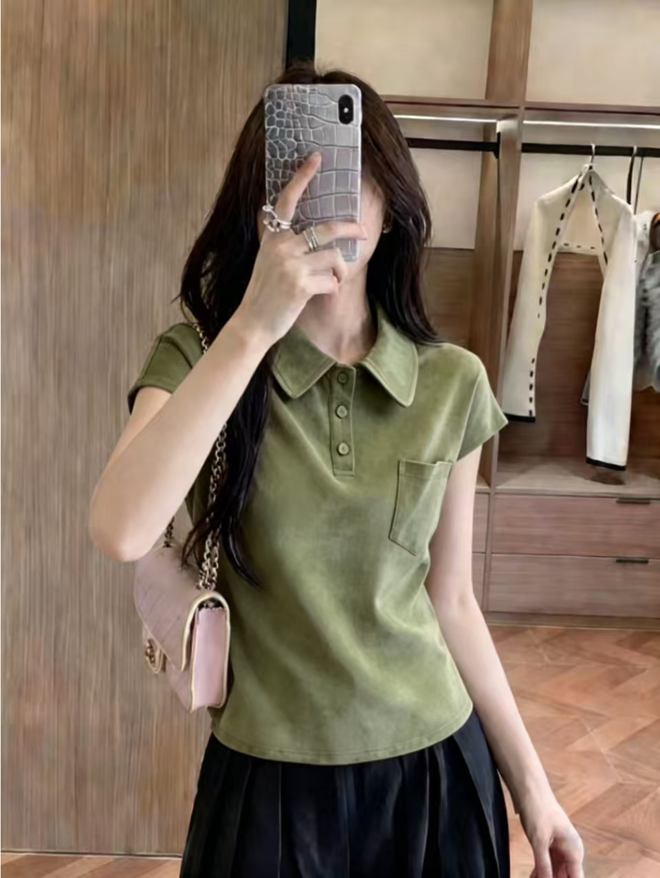 Áo thun cổ polo tay ngắn nữ phong cách trẻ trung form rộng — màu xám