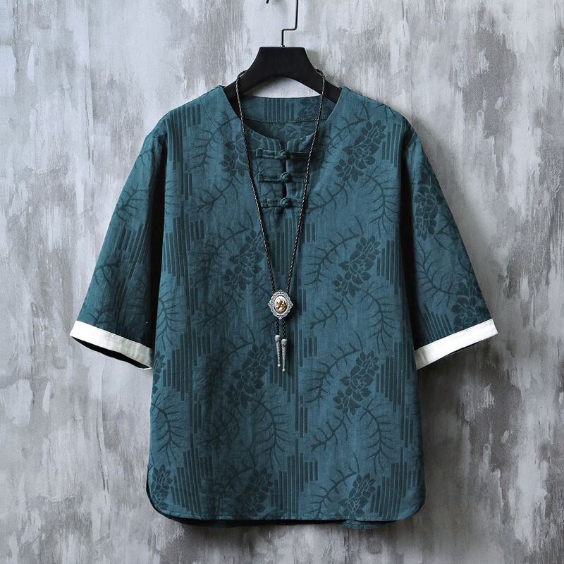 Retro Five-Point Summer Loose Hanfu Half-Sleeve Top, Large Size Tang Suit Trendy Men's Short-Sleeve T-Shirt with Chinese-Style Button Design Retro Five-Point Summer Loose Hanfu Half-Sleeve Top, Large Size Tang Suit Trendy Men's Short-Sleeve T-Shirt with Chinese-Style Button Design