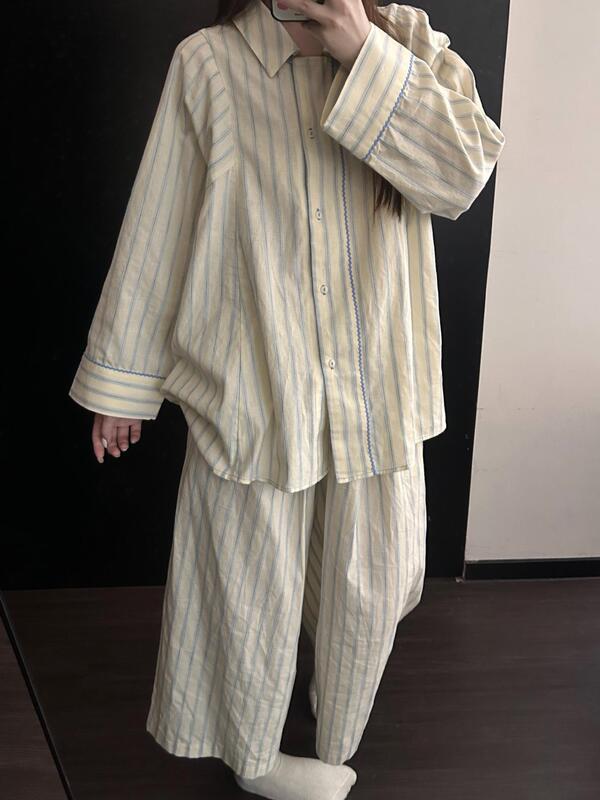 设计感简约休闲条纹睡衣女春秋新款慵懒风长袖长裤家居服可外穿|undefined