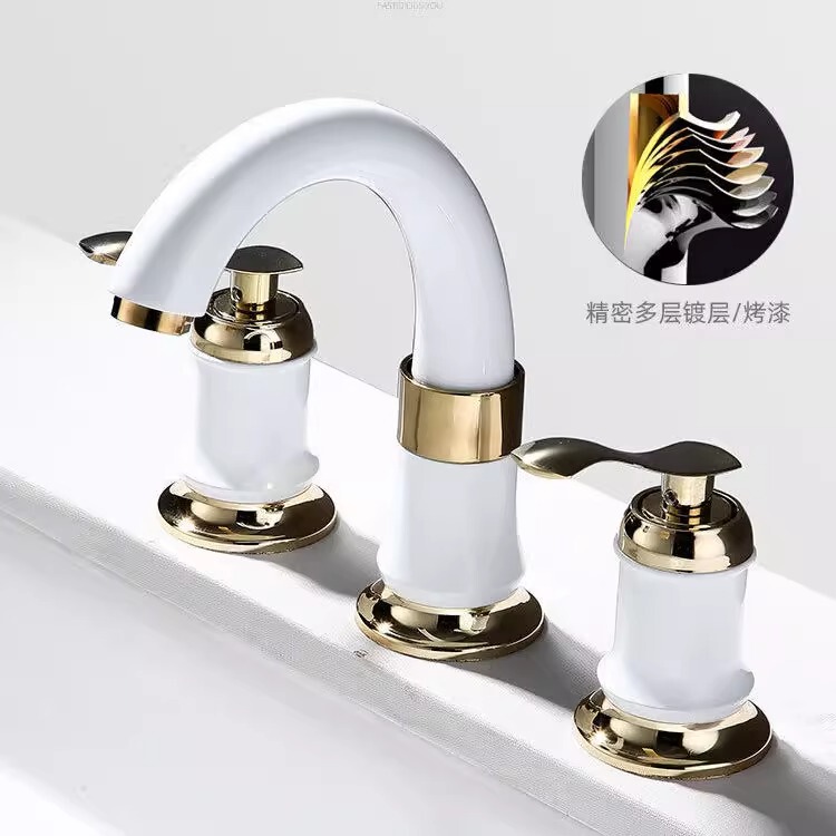 European-Style Gold Split All-Copper Basin Three-Hole Water Four-Piece Set Hot and Cold Bathroom Washbasin Double Handle Basin Faucet