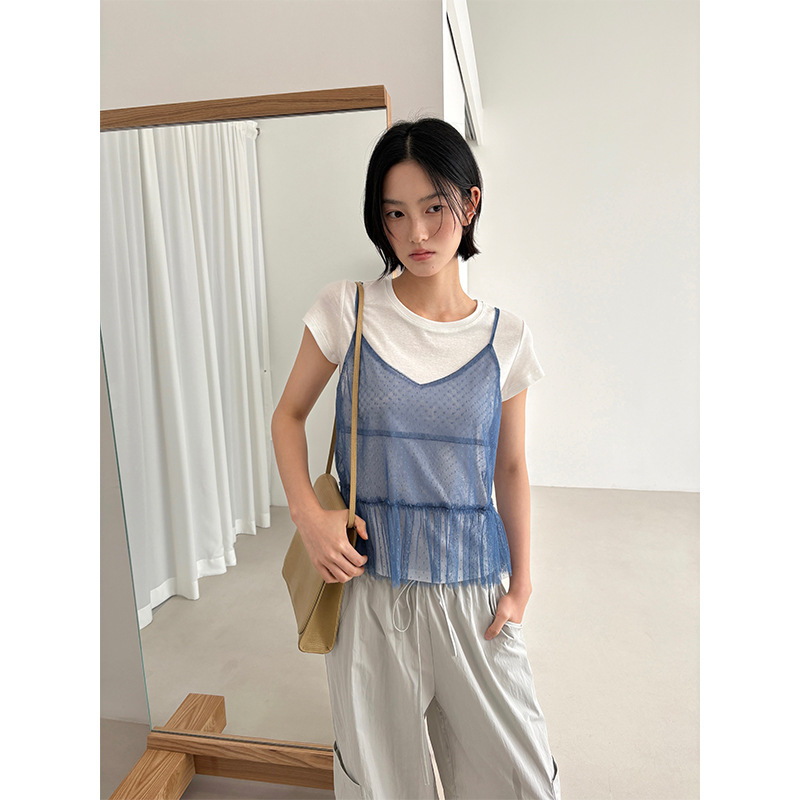 Allo Fu Polka Dot Mesh Suspender T-Shirt Two-Piece Set for Women Summer Short-Sleeved Loose Slimming Look Layered Top 31006