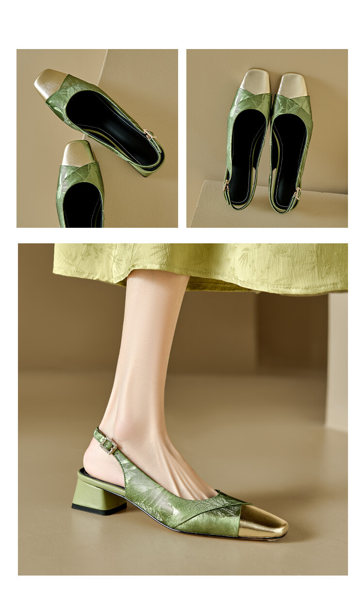 Sandal bít mũi nữ da bò phối màu gót thô 5 cm — Màu xanh lá, Màu mơ chi tiết 7