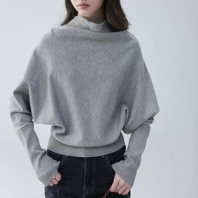 "Mustard Pie Vooe" Gray Half-High Collar Batwing Sleeve Pullover Sweater for Women, Autumn 2025 Design, Loose Top "Mustard Pie Vooe" Gray Half-High Collar Batwing Sleeve Pullover Sweater for Women, Autumn 2025 Design, Loose Top