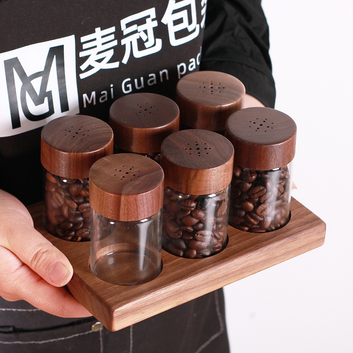 ins黑胡桃木咖啡豆排气罐玻璃实木迷你咖啡豆罐瓶子醒豆养豆瓶收