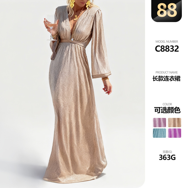 Cross-Border Amazon Temu European and American Foreign Trade Women's Clothing Spring and Autumn V-Neck Dress Long Banquet Dress Women's Sequins